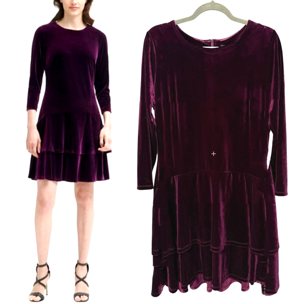 NWT! DKNY 12 Long Sleeve Stretch Velvet Tiered Party Dress Fit Flare Purple Plum